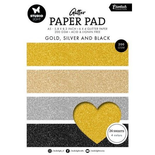 Studio Light Essentials Glitter Paper Pad A5 Gold, Silver & Black